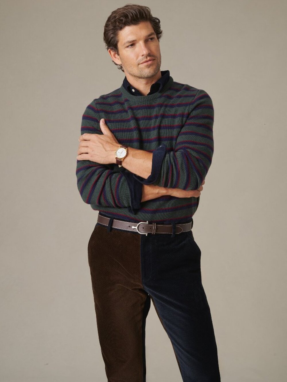 J McLaughlin Hewitt Sweater in Stripe - Dark Green/Multi NEW